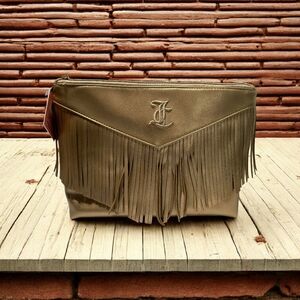 Juicy Couture Fringed Gold Cosmetic Clutch Bag With Embroidery Logo 13"x8" NWT
